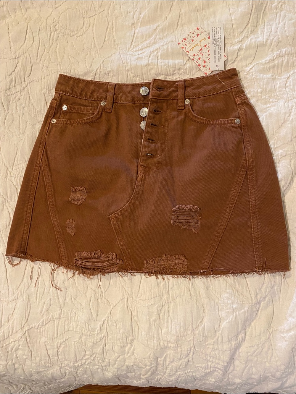 We The Free Brown Distressed Denim Mini Skirt